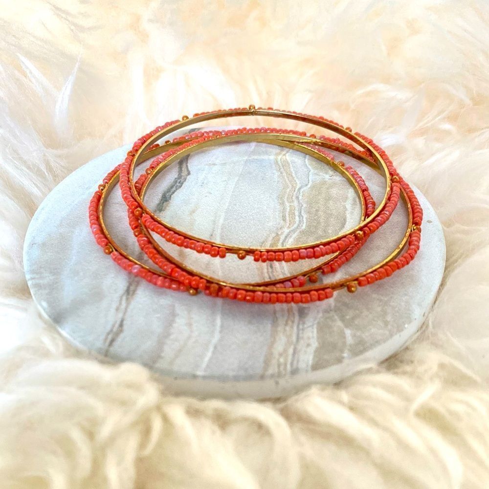 Set of 3 Orange Beaded Bangle Bracelets Lightweight Jewelry
